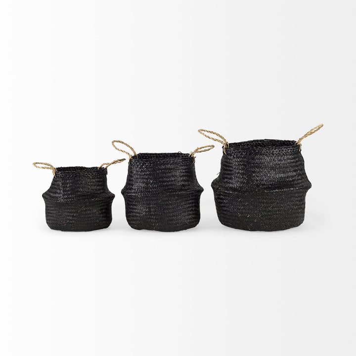 Ella (Set of 3) Black Seagrass Basket W/ Light Brown Handles Decor Mercana