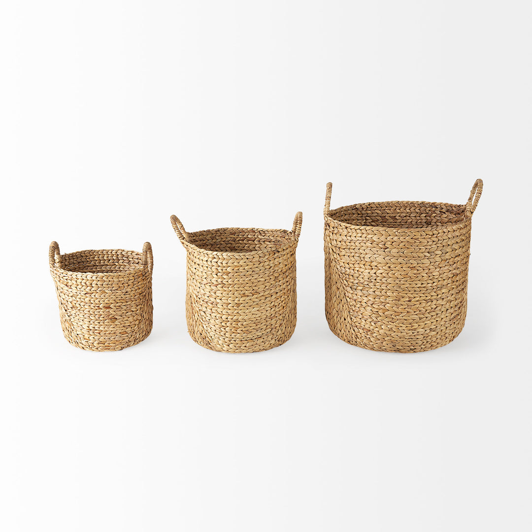 Sivan (Set of 3) Light Brown Water Hyacinth Round Basket W/ Handles Decor Mercana