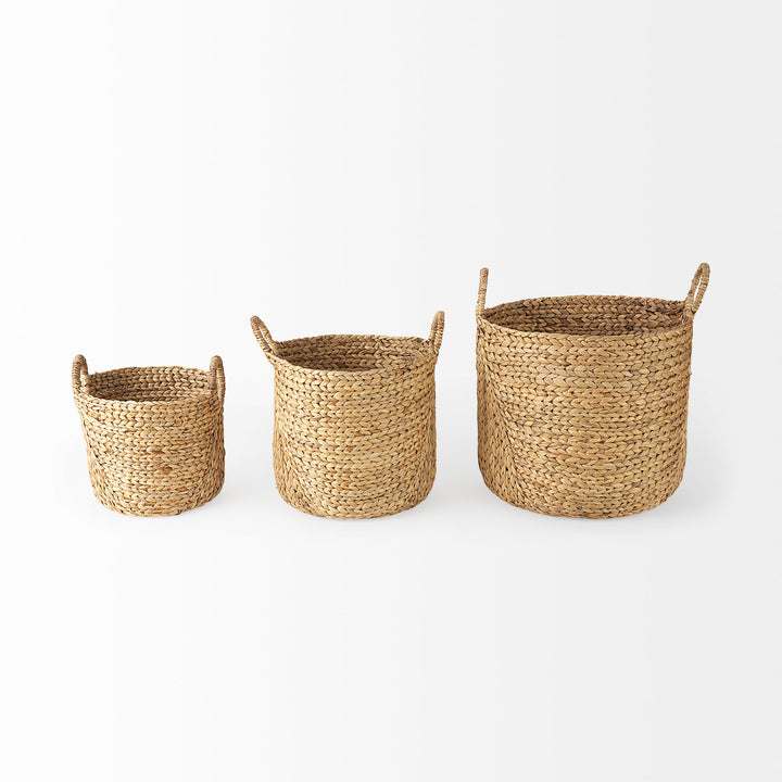 Sivan (Set of 3) Light Brown Water Hyacinth Round Basket W/ Handles Decor Mercana