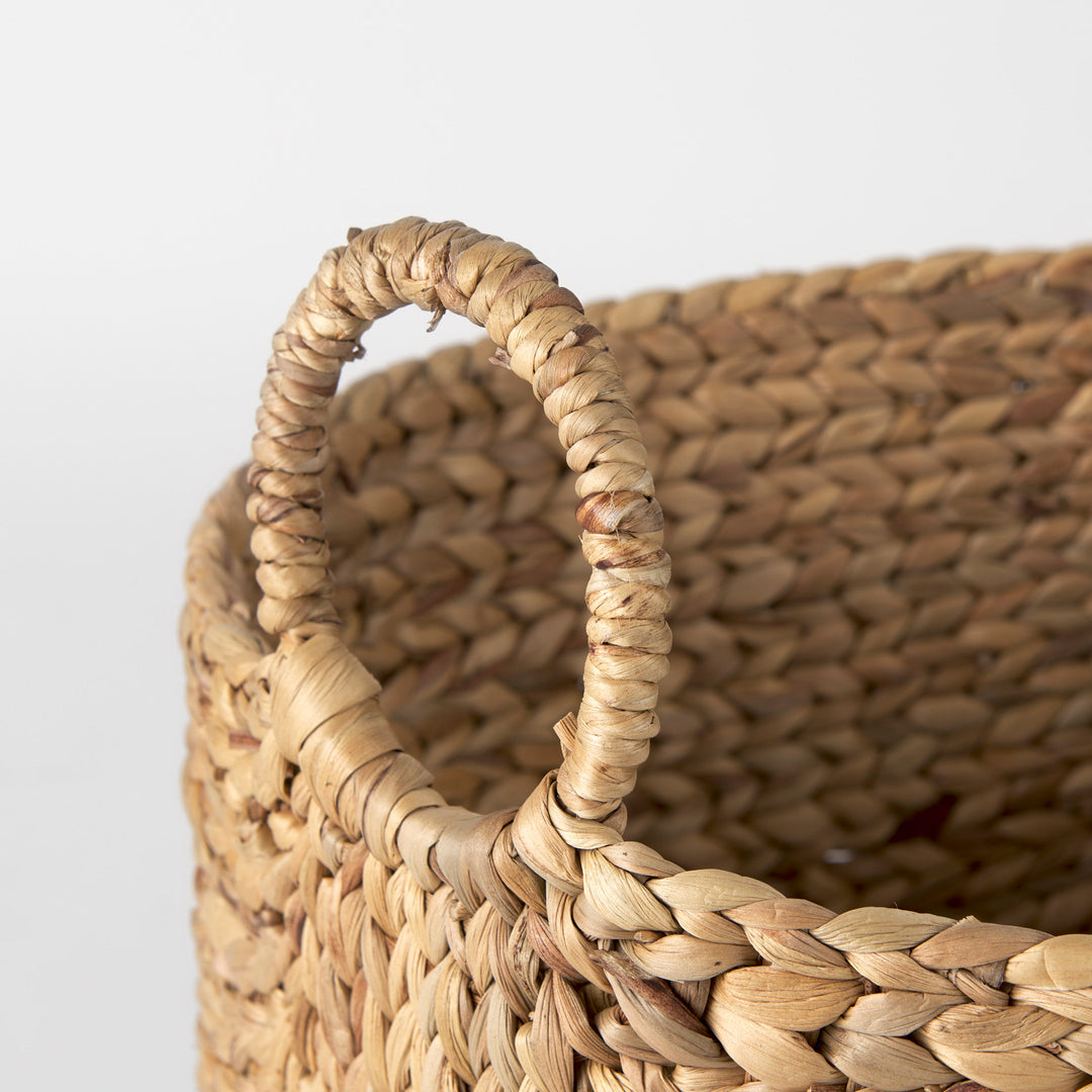 Sivan (Set of 3) Light Brown Water Hyacinth Round Basket W/ Handles Decor Mercana