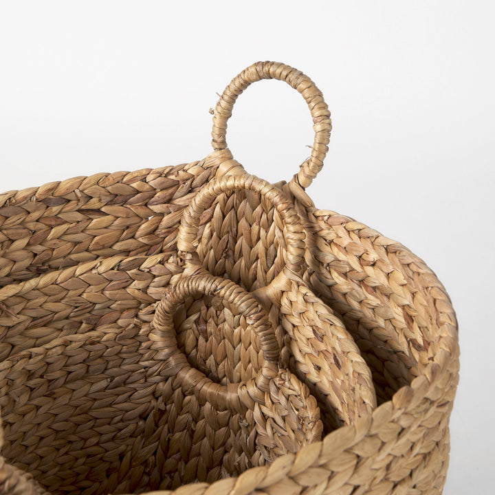 Sivan (Set of 3) Light Brown Water Hyacinth Round Basket W/ Handles Decor Mercana