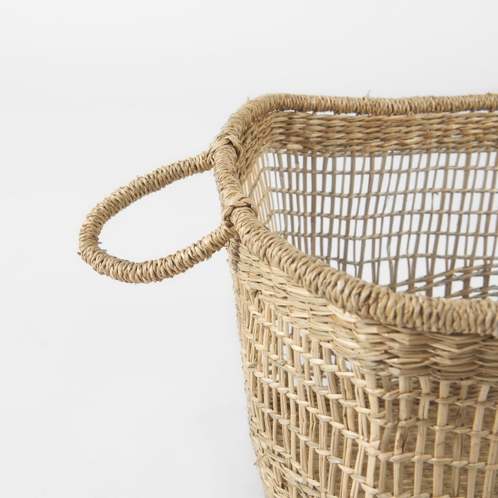 Bellisa (Set of 2) Medium Brown Seagrass Rectangular Basket W/ Handles Decor Mercana