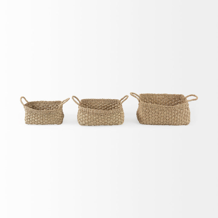 Emra (Set of 3) Light Brown Seagrass Rectangular Basket W/ Handles Decor Mercana