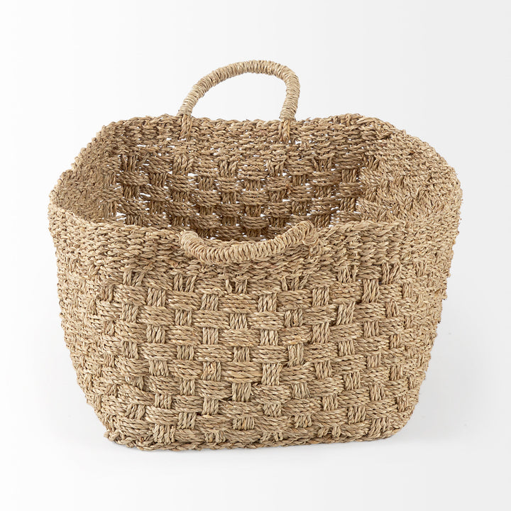 Emra (Set of 3) Light Brown Seagrass Rectangular Basket W/ Handles Decor Mercana
