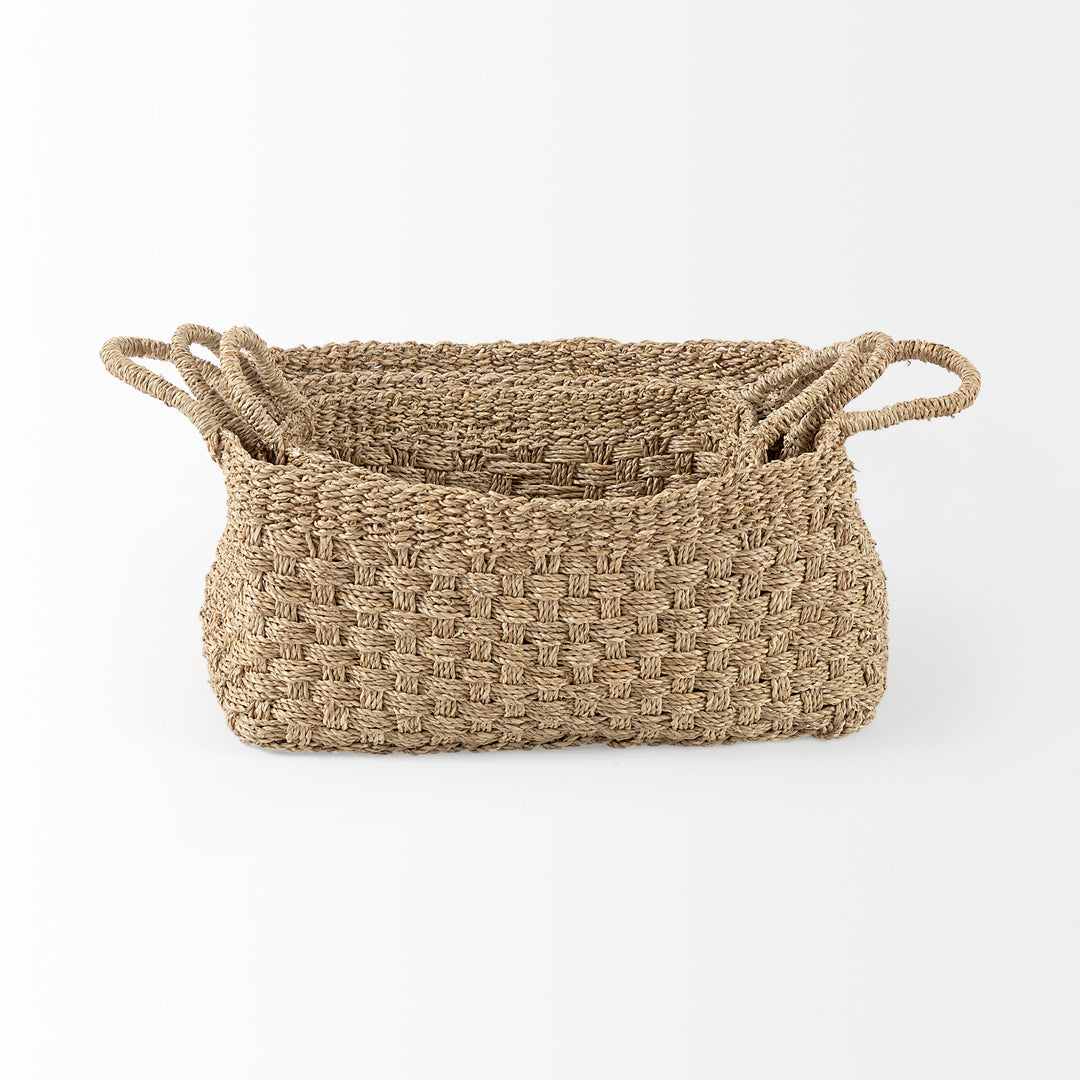 Emra (Set of 3) Light Brown Seagrass Rectangular Basket W/ Handles Decor Mercana