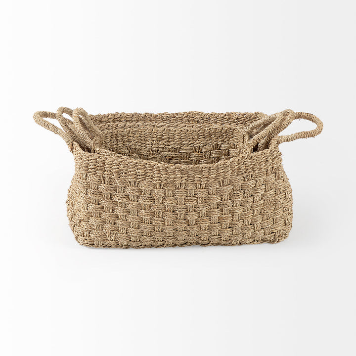 Emra (Set of 3) Light Brown Seagrass Rectangular Basket W/ Handles Decor Mercana
