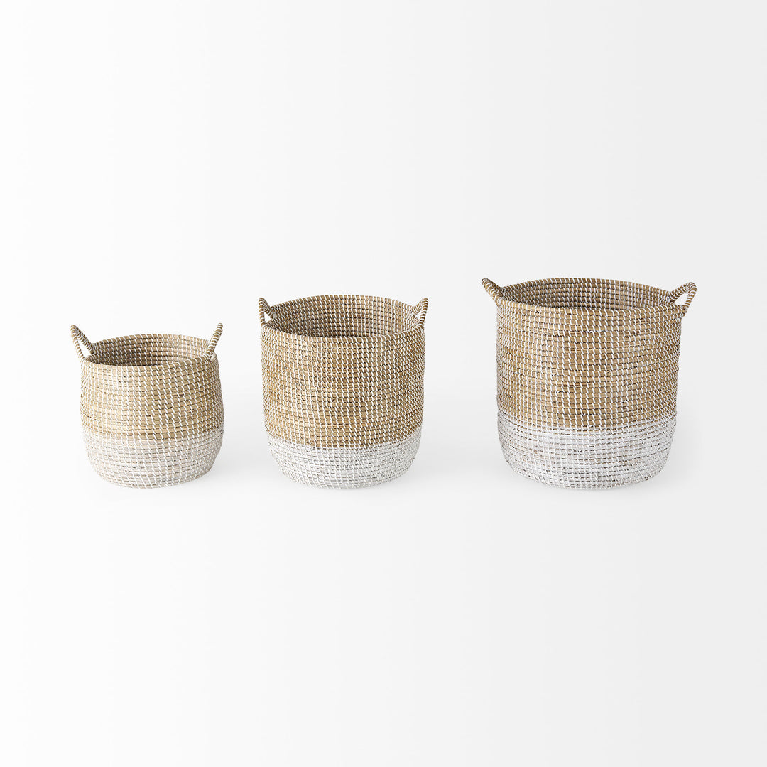 Maddie (Set of 3) Light Brown W/White Dipped Seagrass Round Basket W/ Handles Decor Mercana