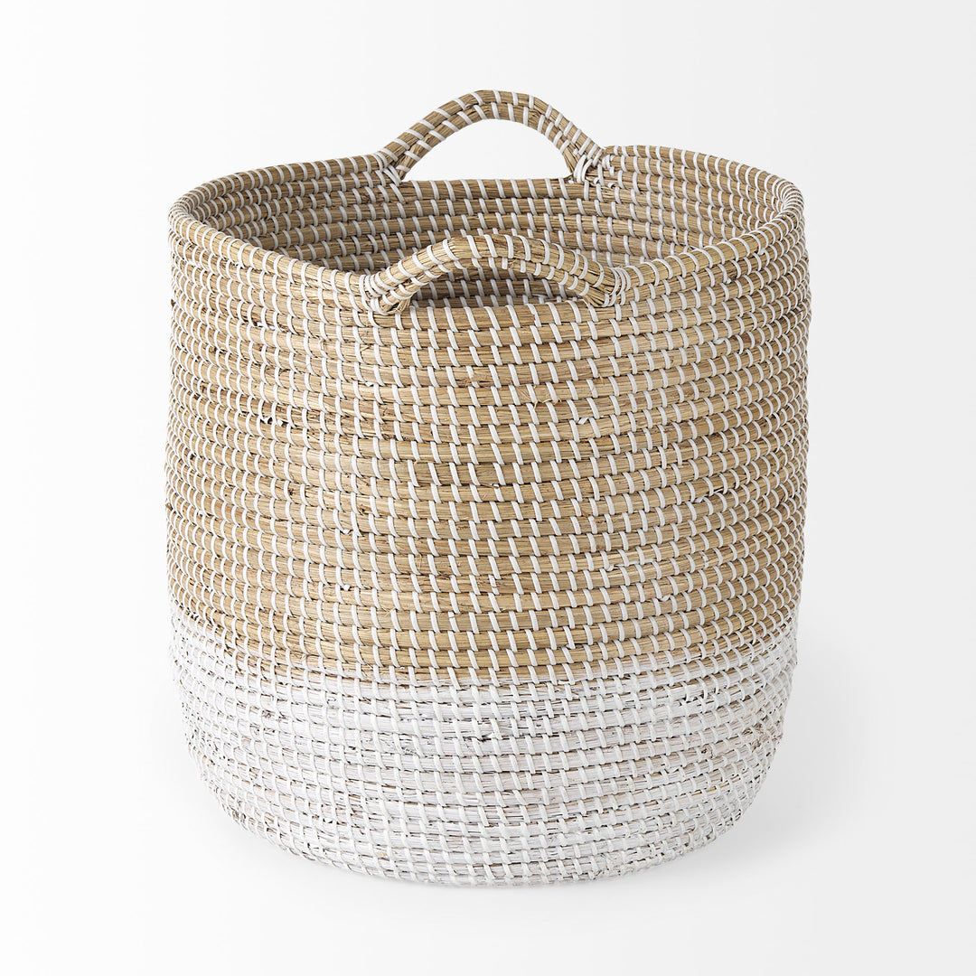 Maddie (Set of 3) Light Brown W/White Dipped Seagrass Round Basket W/ Handles Decor Mercana