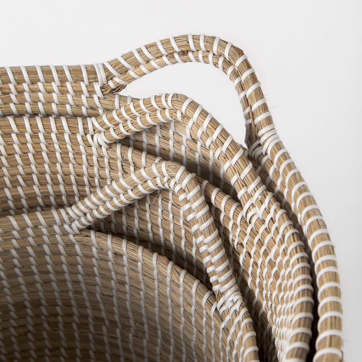 Maddie (Set of 3) Light Brown W/White Dipped Seagrass Round Basket W/ Handles Decor Mercana