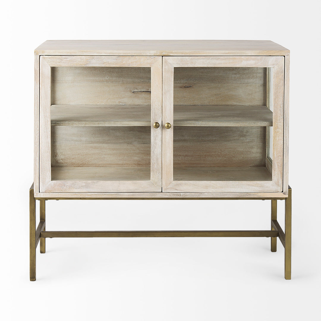 Arelius White Wood, Gold Metal Base w/ 2 Glass Doors Accent Cabinet Decor Mercana