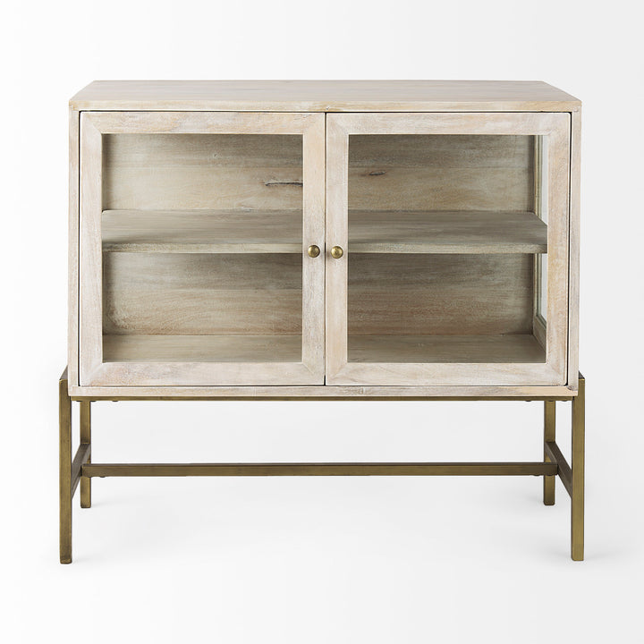 Arelius White Wood, Gold Metal Base w/ 2 Glass Doors Accent Cabinet Decor Mercana