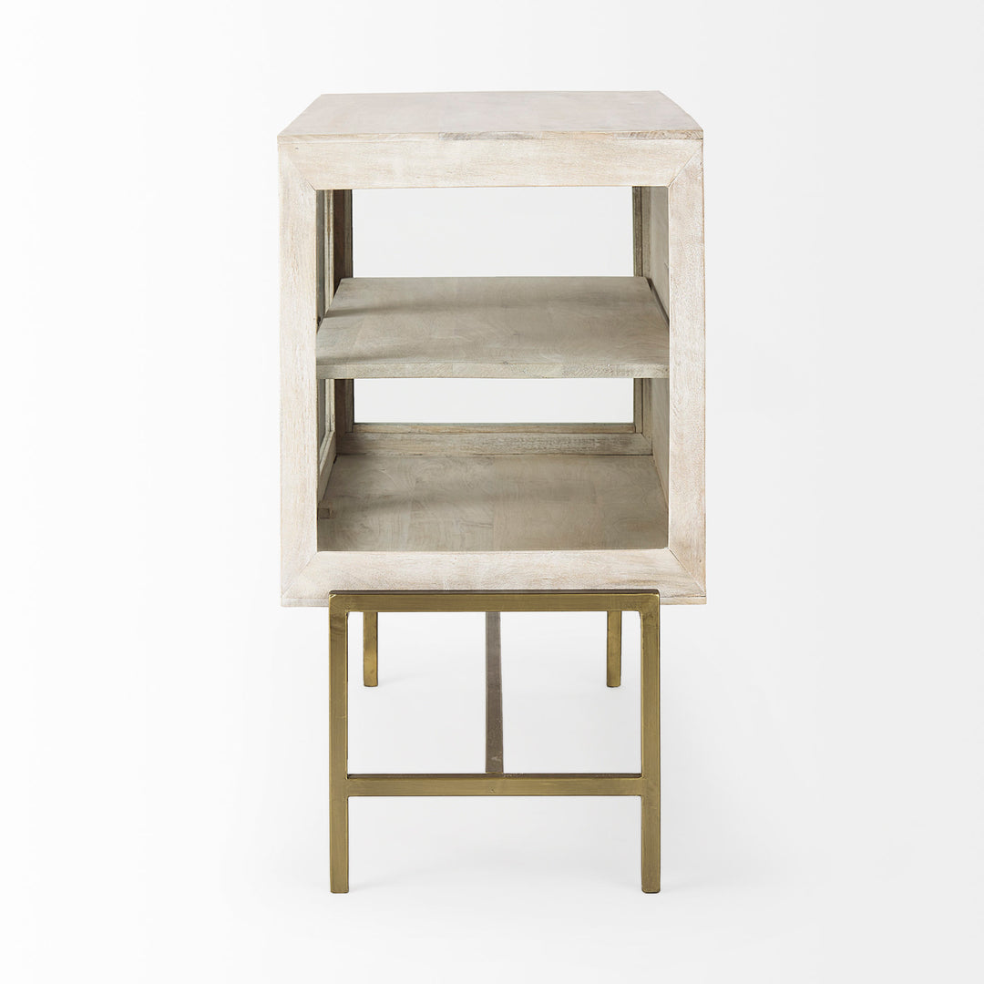 Arelius White Wood, Gold Metal Base w/ 2 Glass Doors Accent Cabinet Decor Mercana
