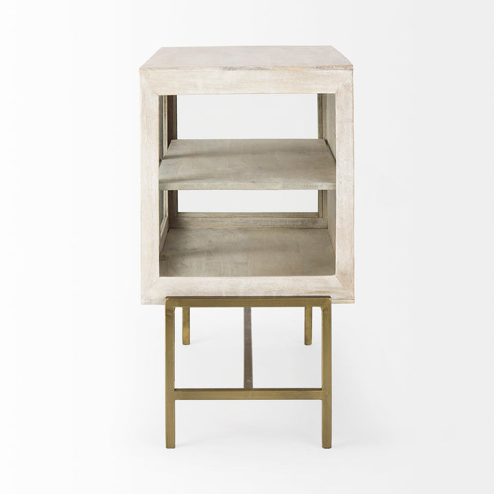 Arelius White Wood, Gold Metal Base w/ 2 Glass Doors Accent Cabinet Decor Mercana