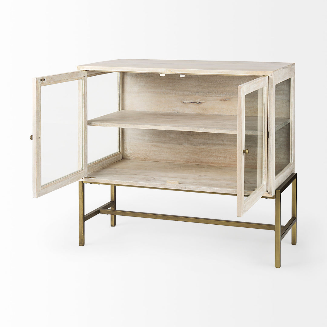 Arelius White Wood, Gold Metal Base w/ 2 Glass Doors Accent Cabinet Decor Mercana