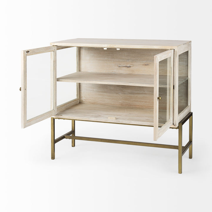 Arelius White Wood, Gold Metal Base w/ 2 Glass Doors Accent Cabinet Decor Mercana