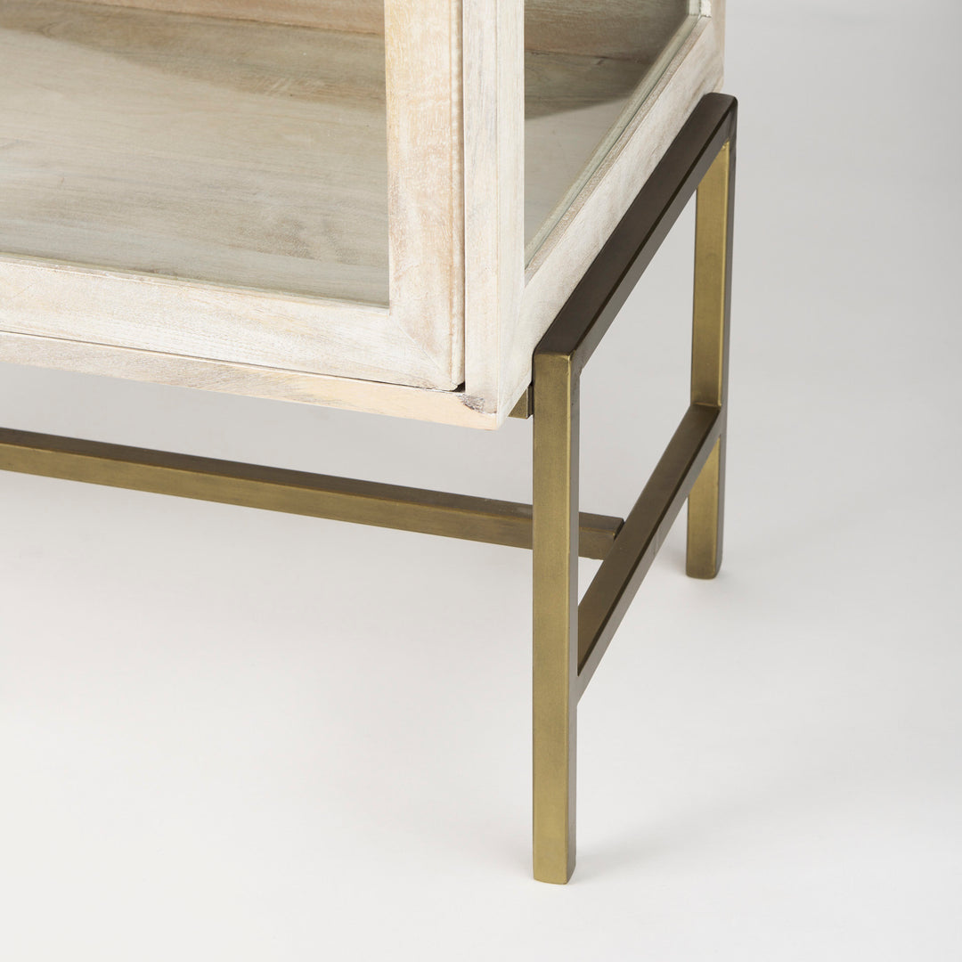 Arelius White Wood, Gold Metal Base w/ 2 Glass Doors Accent Cabinet Decor Mercana