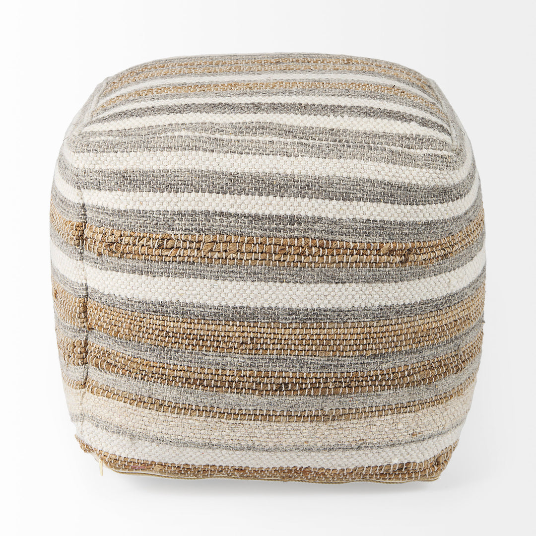 Aahana White/Taupe/Gray Striped Hemp and Cotton Pouf Living Room Mercana