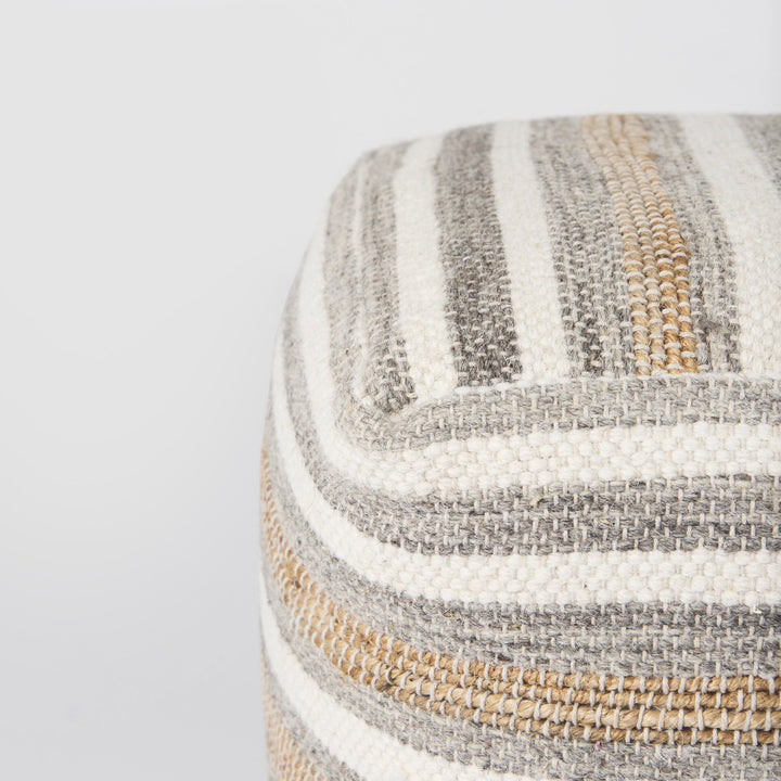 Aahana White/Taupe/Gray Striped Hemp and Cotton Pouf Living Room Mercana