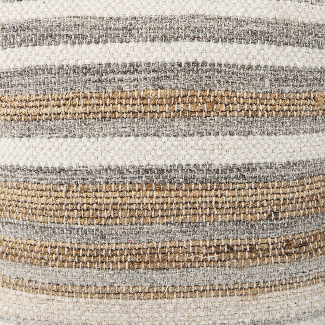 Aahana White/Taupe/Gray Striped Hemp and Cotton Pouf Living Room Mercana