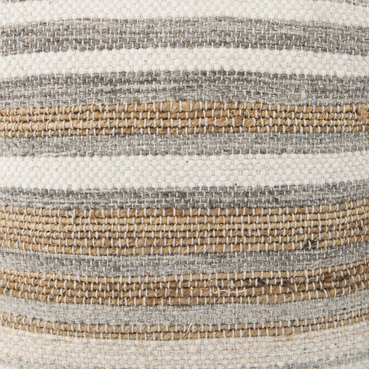 Aahana White/Taupe/Gray Striped Hemp and Cotton Pouf Living Room Mercana