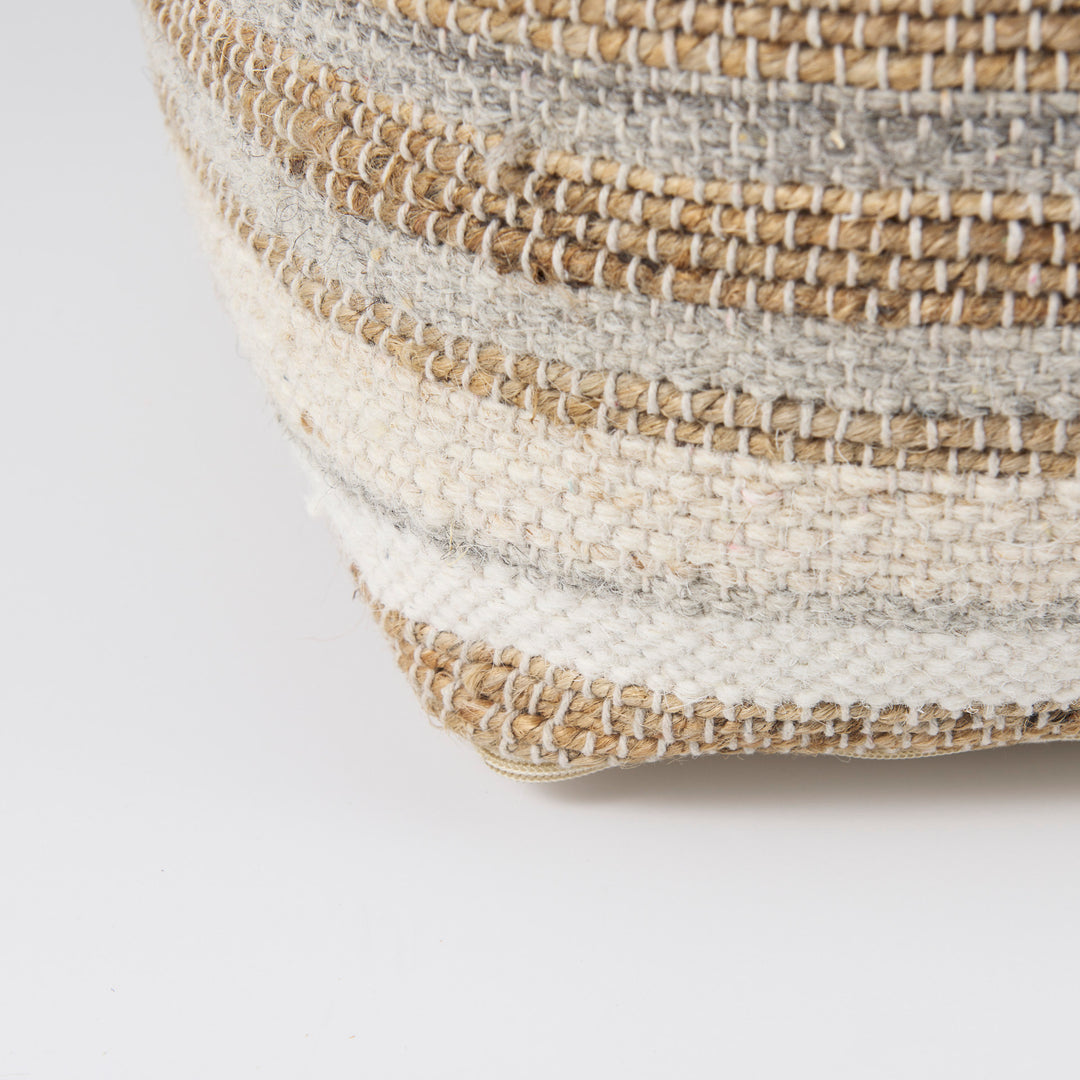 Aahana White/Taupe/Gray Striped Hemp and Cotton Pouf Living Room Mercana