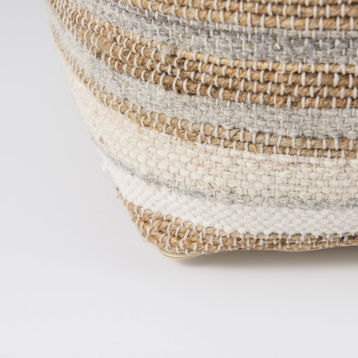 Aahana White/Taupe/Gray Striped Hemp and Cotton Pouf Living Room Mercana