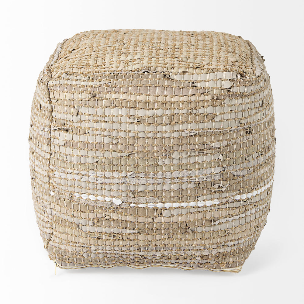 Aalia Beige Leather and Jute Pouf Living Room Mercana