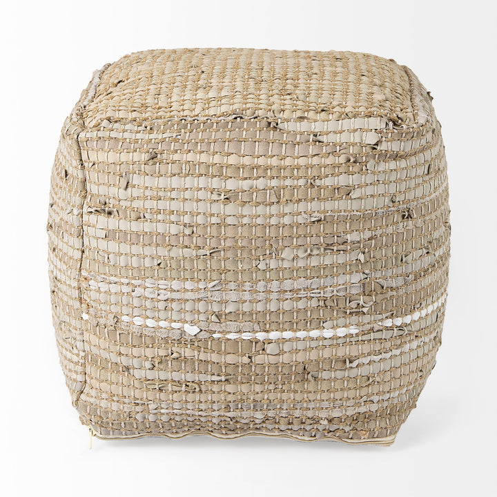 Aalia Beige Leather and Jute Pouf Living Room Mercana