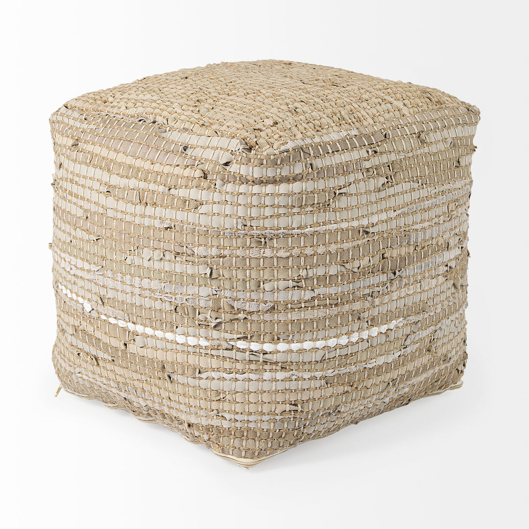 Aalia Beige Leather and Jute Pouf Living Room Mercana