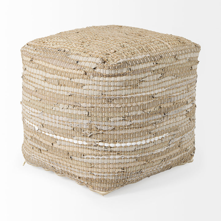 Aalia Beige Leather and Jute Pouf Living Room Mercana