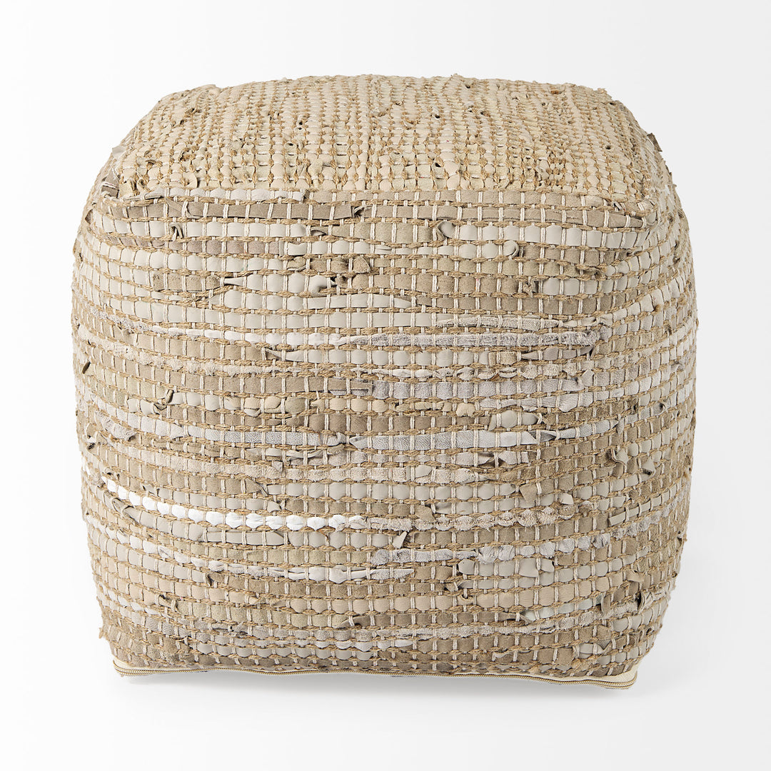 Aalia Beige Leather and Jute Pouf Living Room Mercana