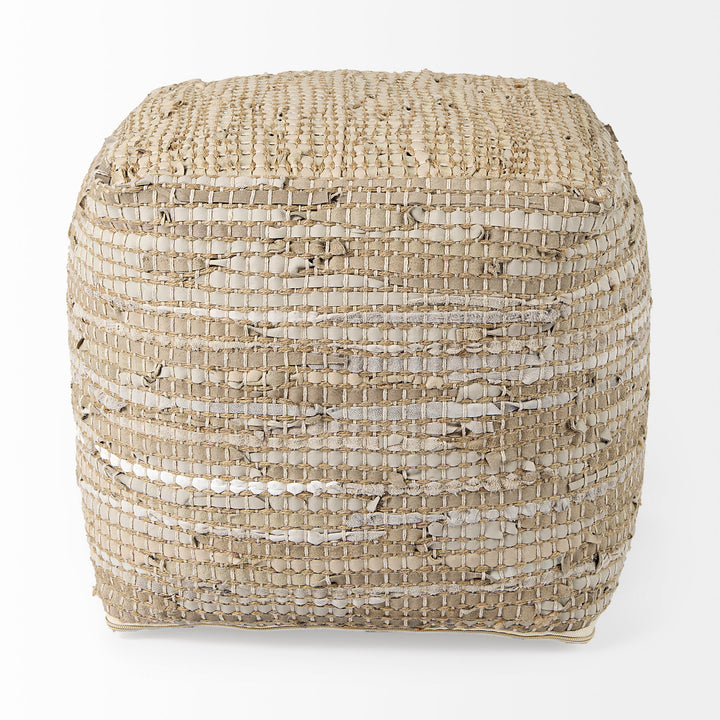 Aalia Beige Leather and Jute Pouf Living Room Mercana