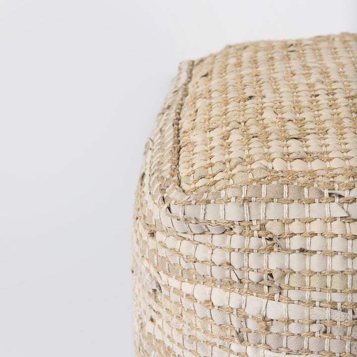 Aalia Beige Leather and Jute Pouf Living Room Mercana