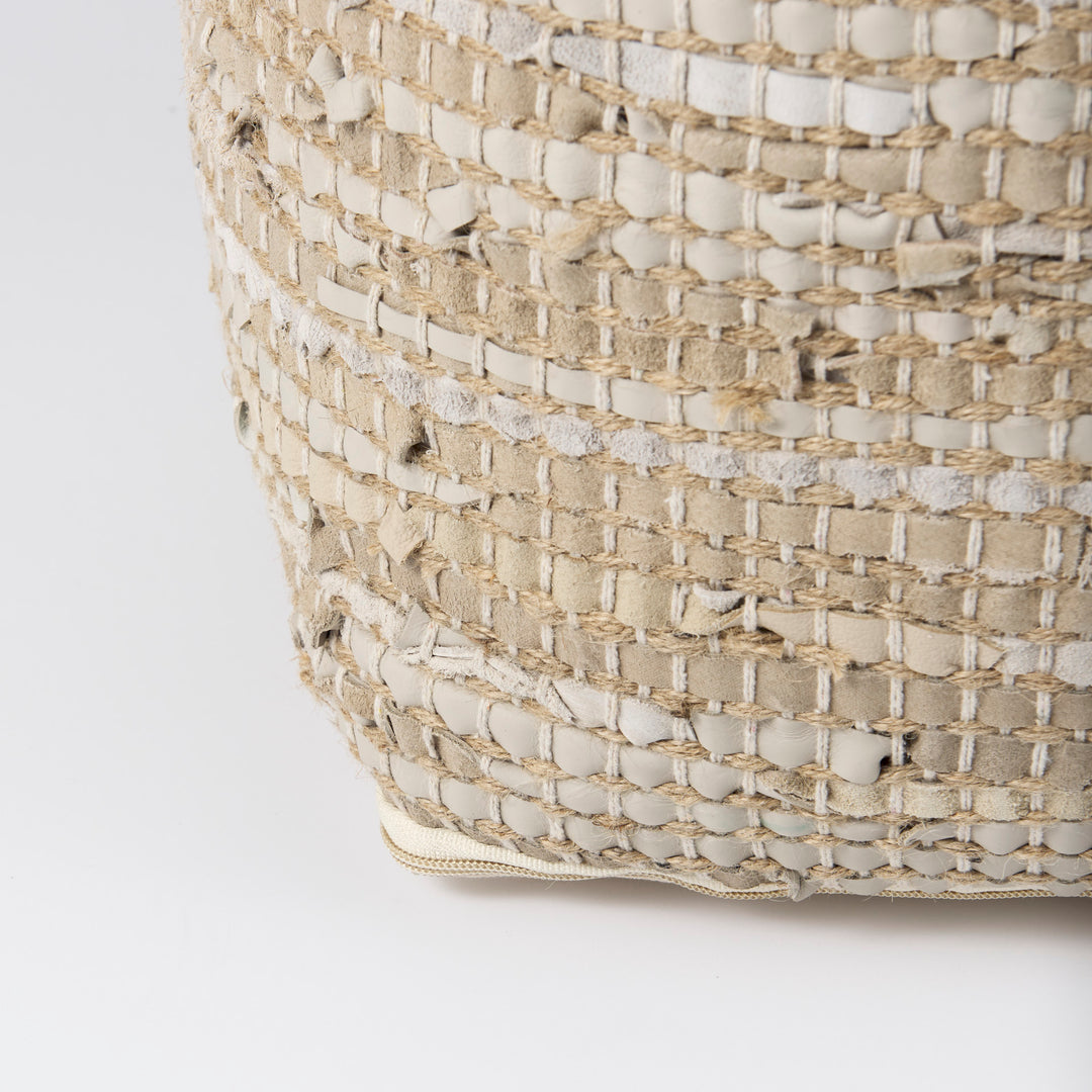 Aalia Beige Leather and Jute Pouf Living Room Mercana