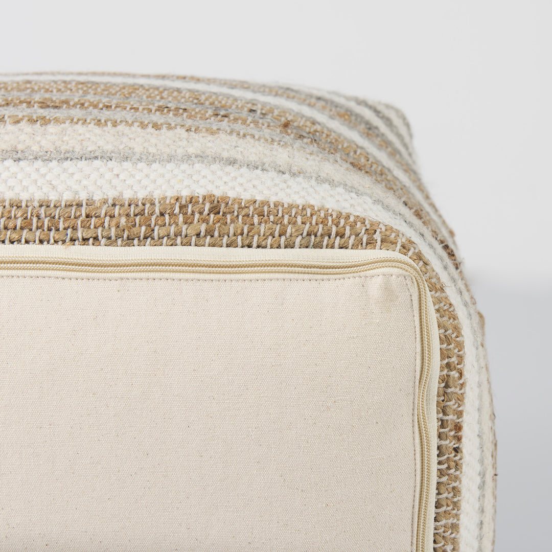 Aahana White/Taupe/Gray Striped Hemp and Cotton Pouf Living Room Mercana