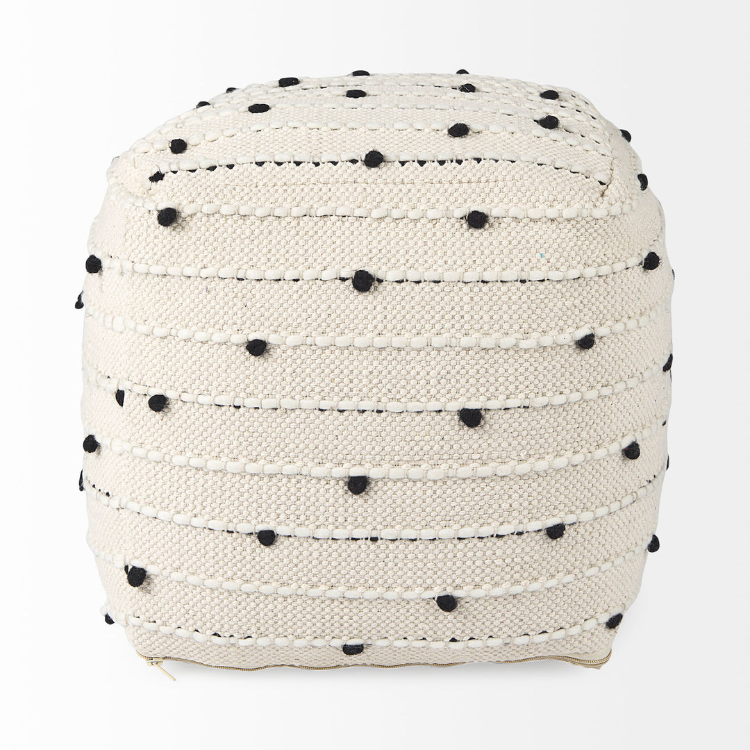 Amaira Cream/Black/White patterned Wool and Cotton Pouf Living Room Mercana