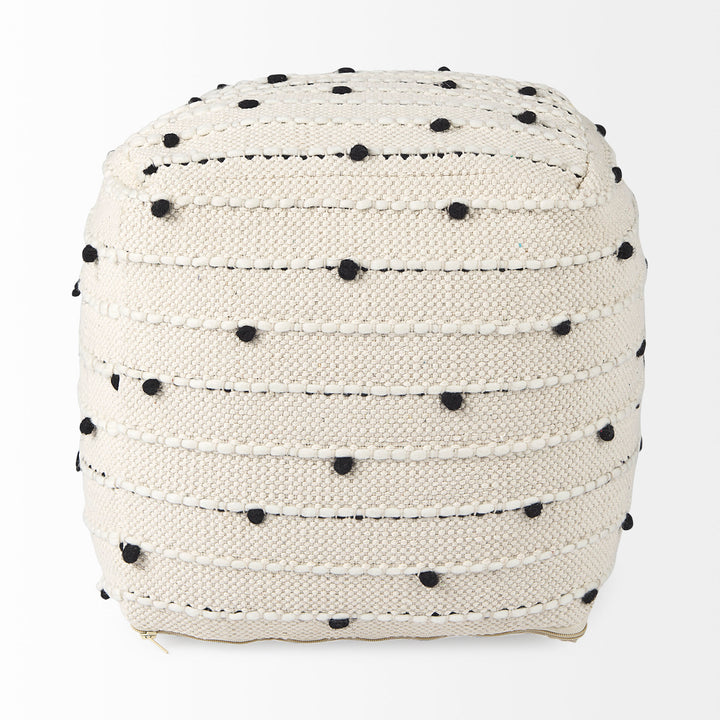 Amaira Cream/Black/White patterned Wool and Cotton Pouf Living Room Mercana