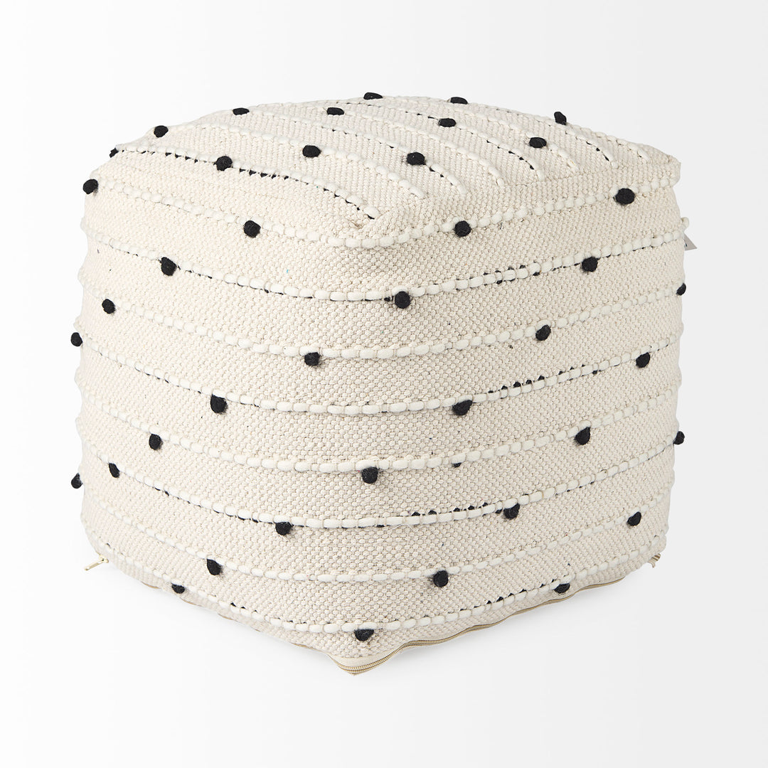 Amaira Cream/Black/White patterned Wool and Cotton Pouf Living Room Mercana