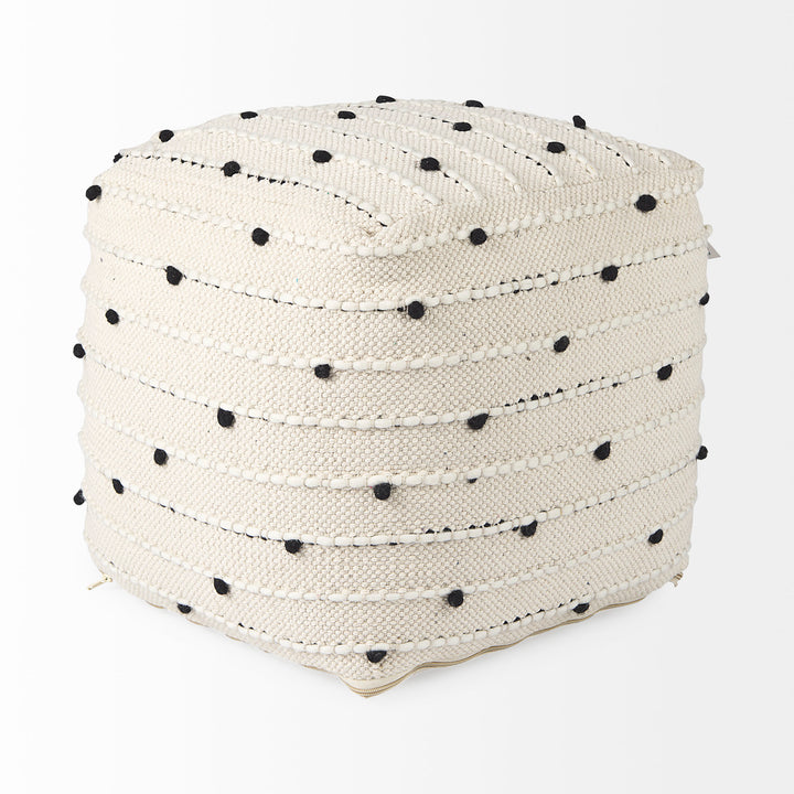 Amaira Cream/Black/White patterned Wool and Cotton Pouf Living Room Mercana