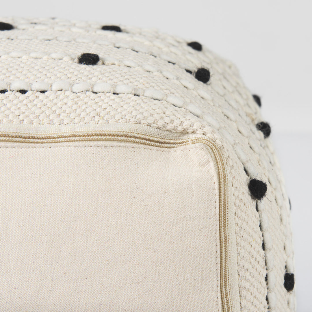 Amaira Cream/Black/White patterned Wool and Cotton Pouf Living Room Mercana