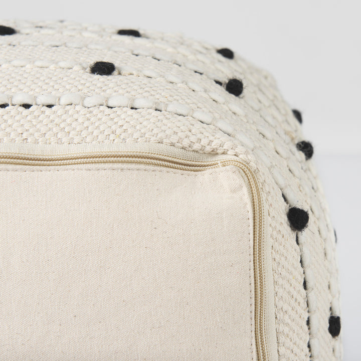 Amaira Cream/Black/White patterned Wool and Cotton Pouf Living Room Mercana