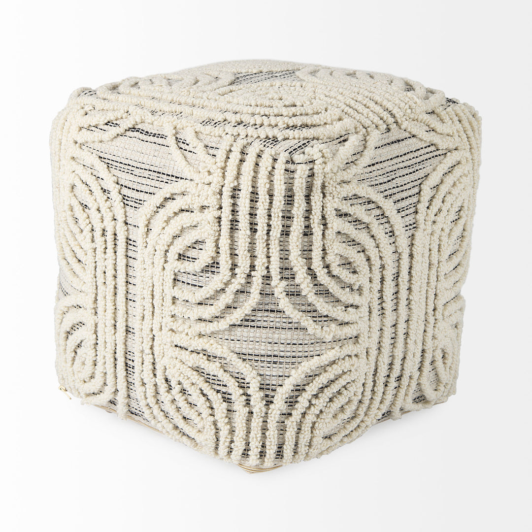 Amaya Cream/Black/Gray Wool and Cotton Pouf Living Room Mercana