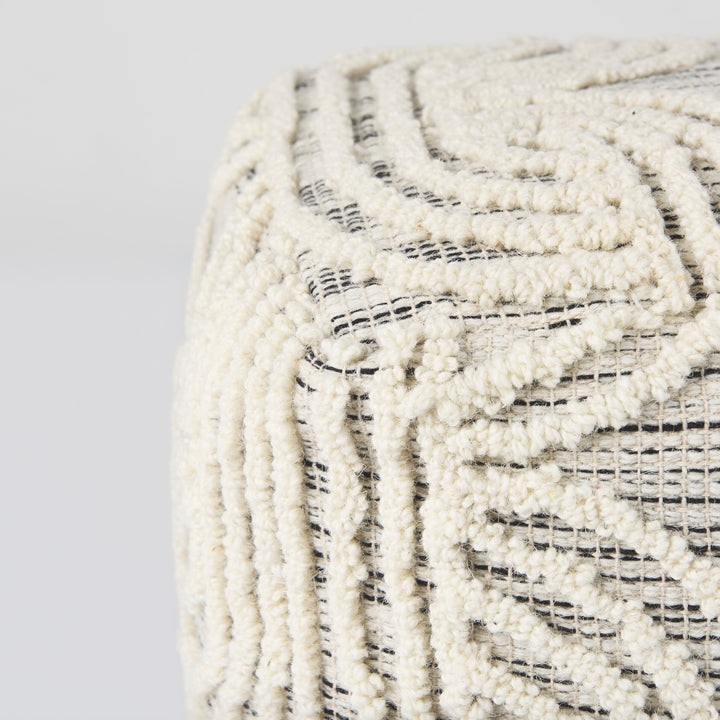 Amaya Cream/Black/Gray Wool and Cotton Pouf Living Room Mercana