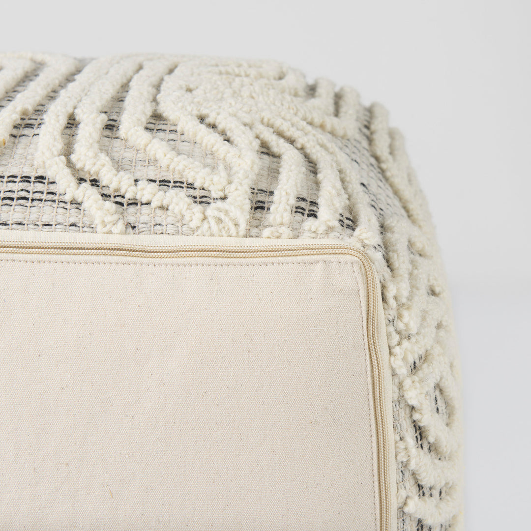 Amaya Cream/Black/Gray Wool and Cotton Pouf Living Room Mercana