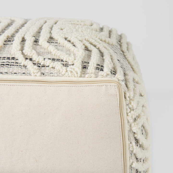 Amaya Cream/Black/Gray Wool and Cotton Pouf Living Room Mercana