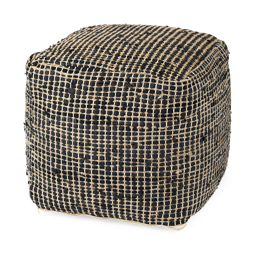 Aalia Charcoal Leather and Jute Pouf Living Room Mercana