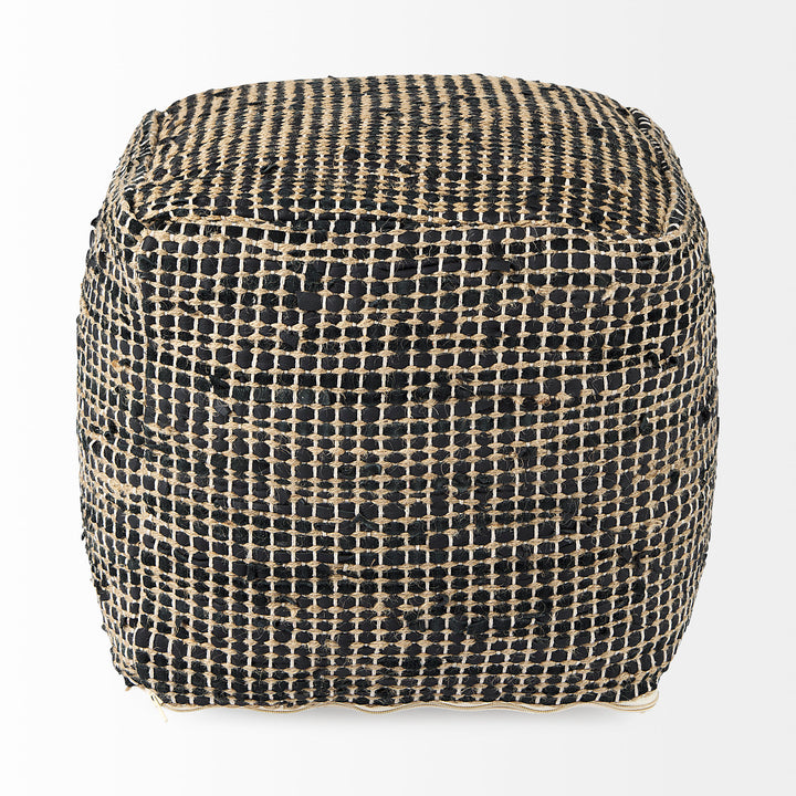 Aalia Charcoal Leather and Jute Pouf Living Room Mercana