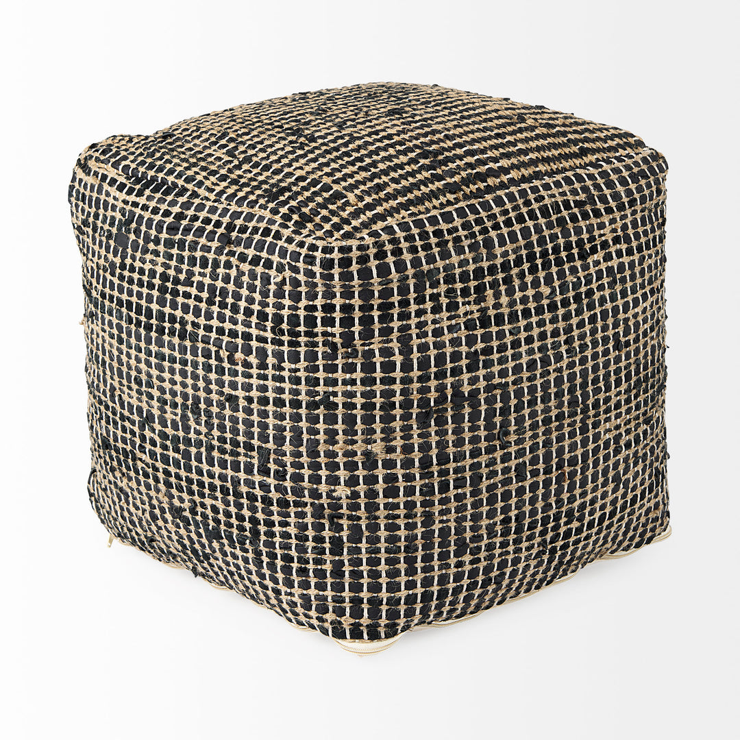 Aalia Charcoal Leather and Jute Pouf Living Room Mercana