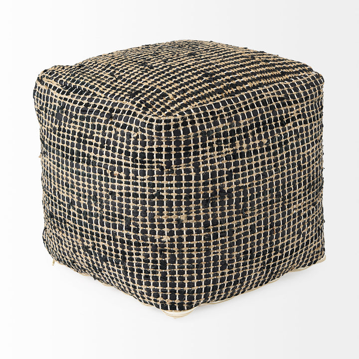 Aalia Charcoal Leather and Jute Pouf Living Room Mercana