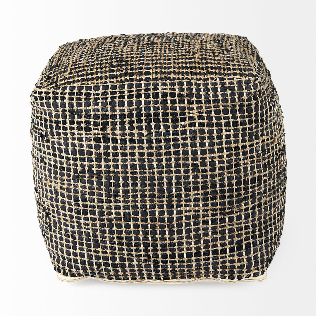 Aalia Charcoal Leather and Jute Pouf Living Room Mercana